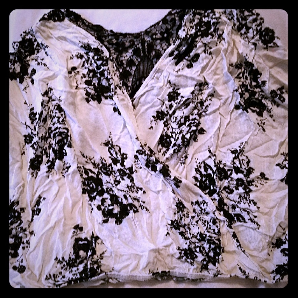 Torrid black and white wrap shirt with lace back